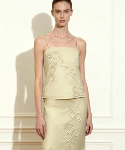 Linen Corded Embroidery Strappy Camisole - Natural