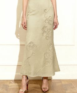 Linen Corded Embroidery Maxi Skirt - Natural