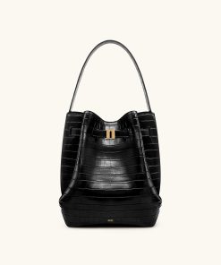 Clara Lock Accent Bucket Shoulder Bag - Black Croc
