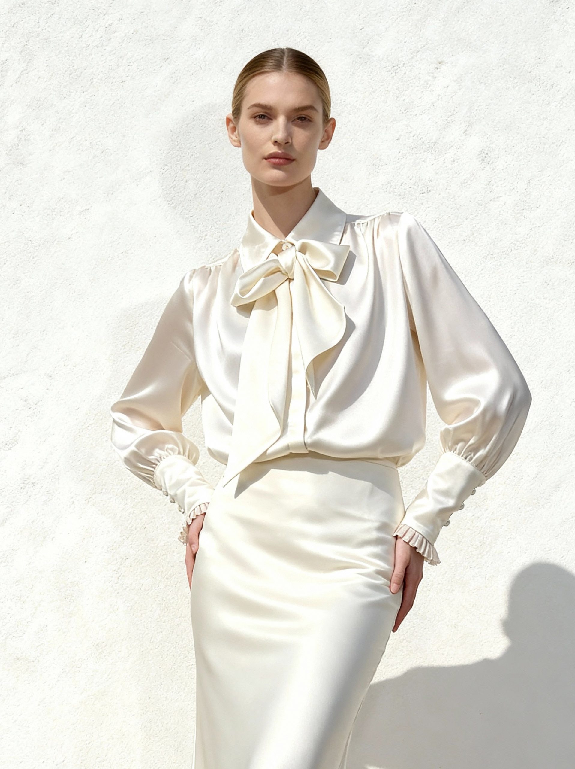 Ribbon Tie Balloon Sleeve Blouse - White - Image 2