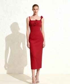 3D Floral Appliqué Square-Neck Sheath Midaxi Dress - Red