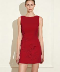 3D Floral-Appliqué Sheath Mini Dress - Red