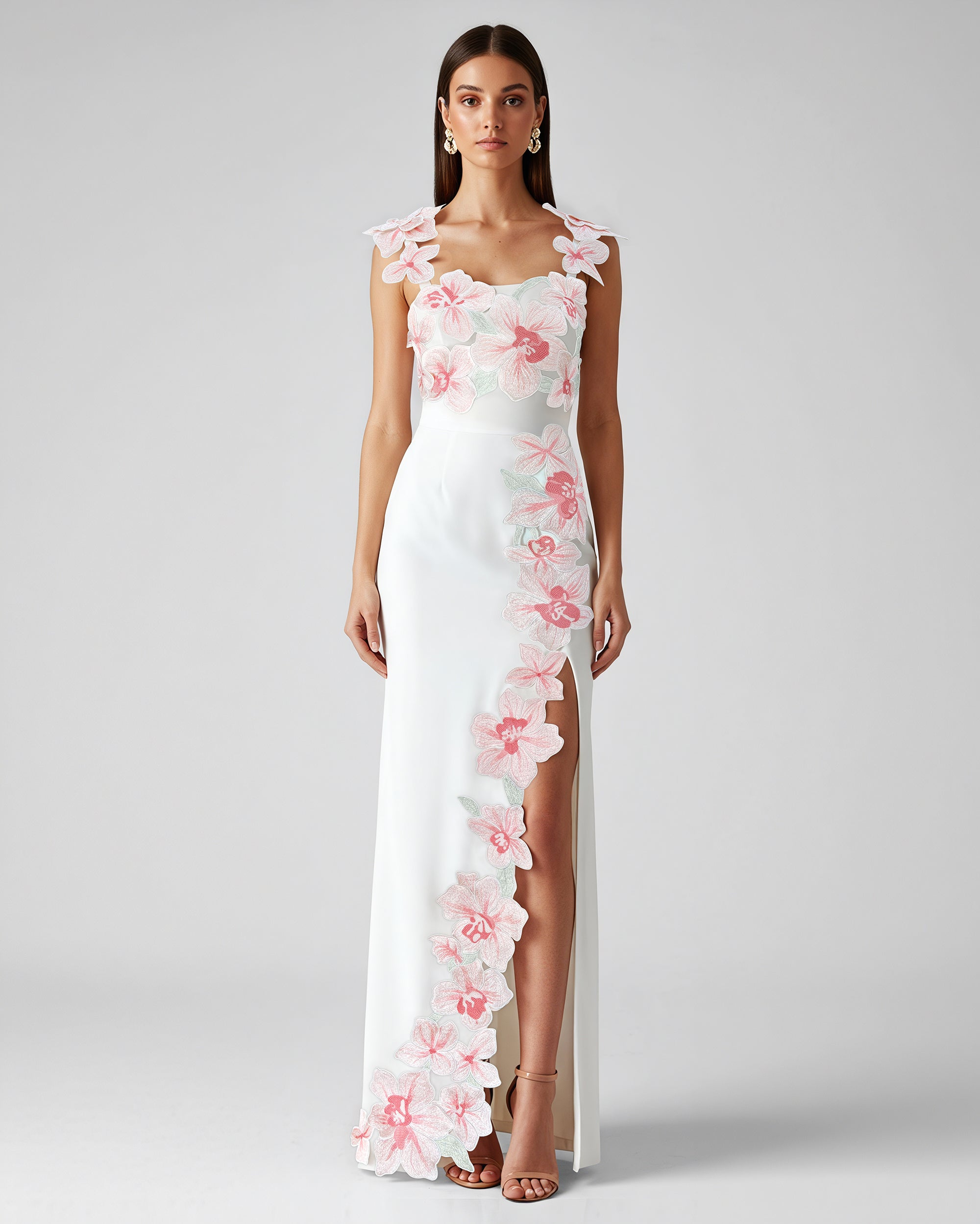 Flower Embroidered Dress - White/Pink