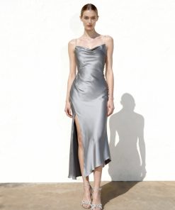 Liquid Satin Cowl-Slit Gown - Silver