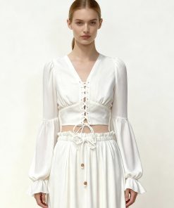 Chiffon Lantern-Sleeve Tie-Front Cropped Blouse - White