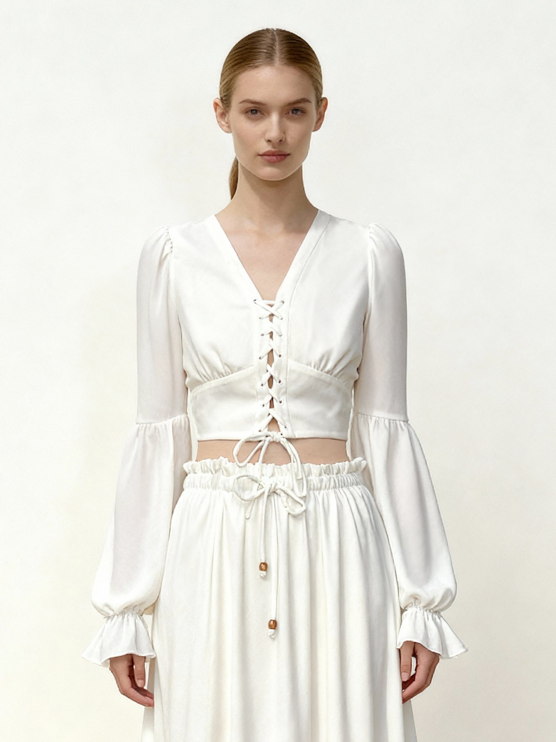 Chiffon Lantern-Sleeve Tie-Front Cropped Blouse - White
