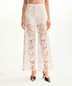 Embroidery High Rise Wide Leg Lace Denim Jeans With Rhinestone - White
