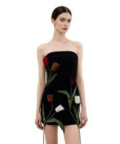 Tulip Appliqué Strapless Dress - Black