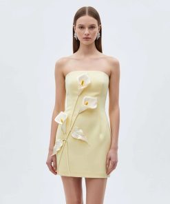 Strapless Floral Appliqué Dress - Yellow