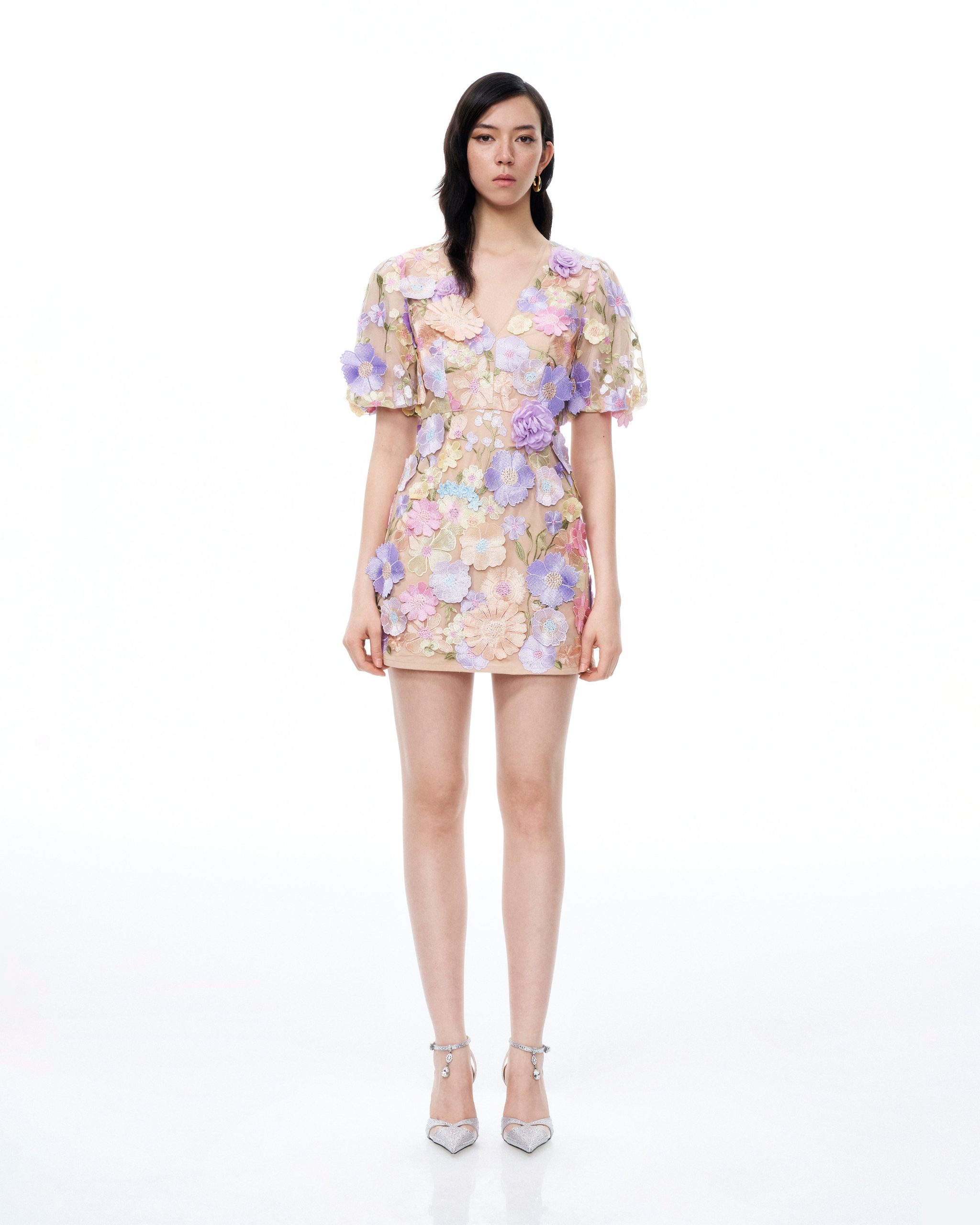 Evangeline 3D V-Neck Floral Embroidered Dress - Pastel Multi