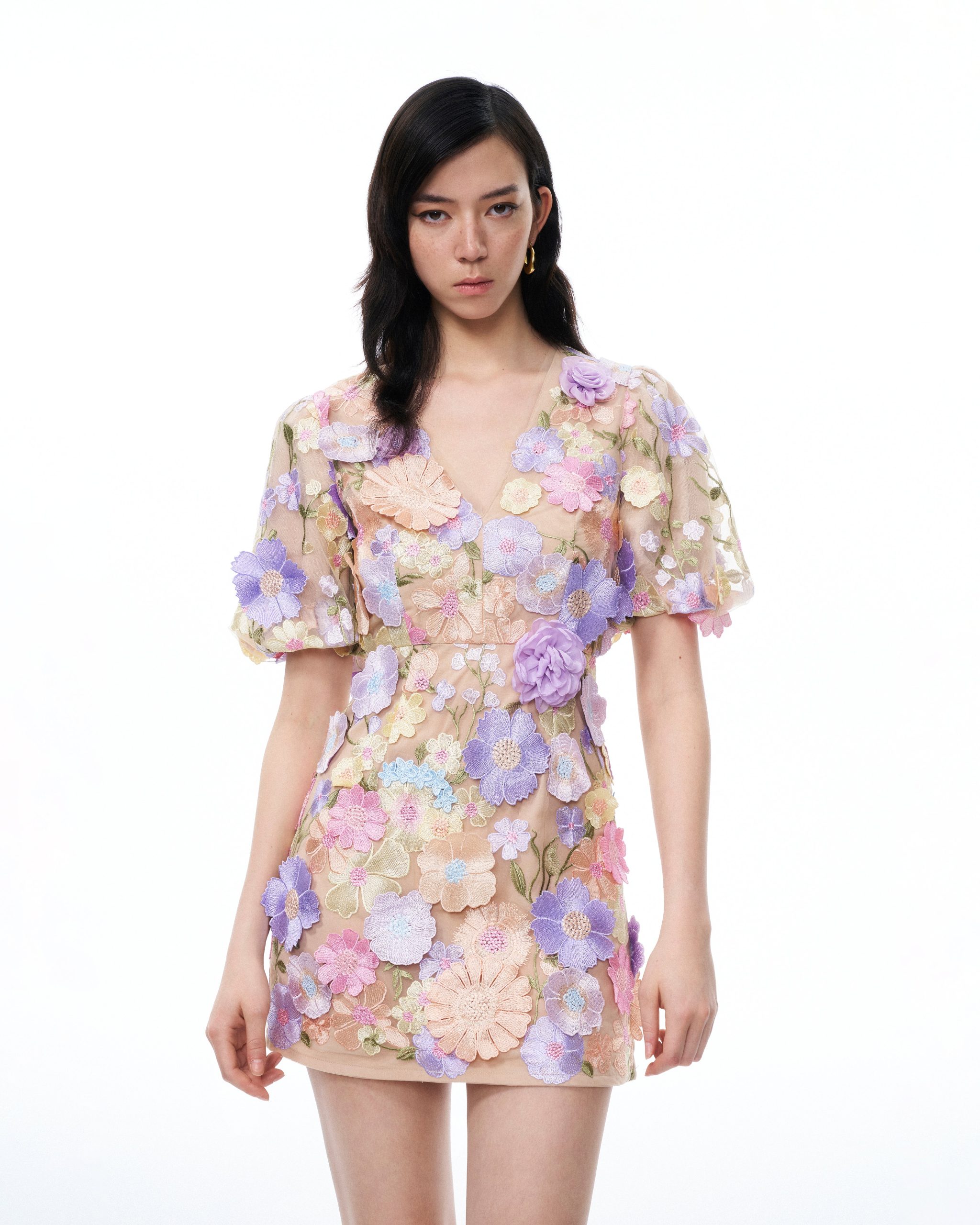 Evangeline 3D V-Neck Floral Embroidered Dress - Pastel Multi - Image 4