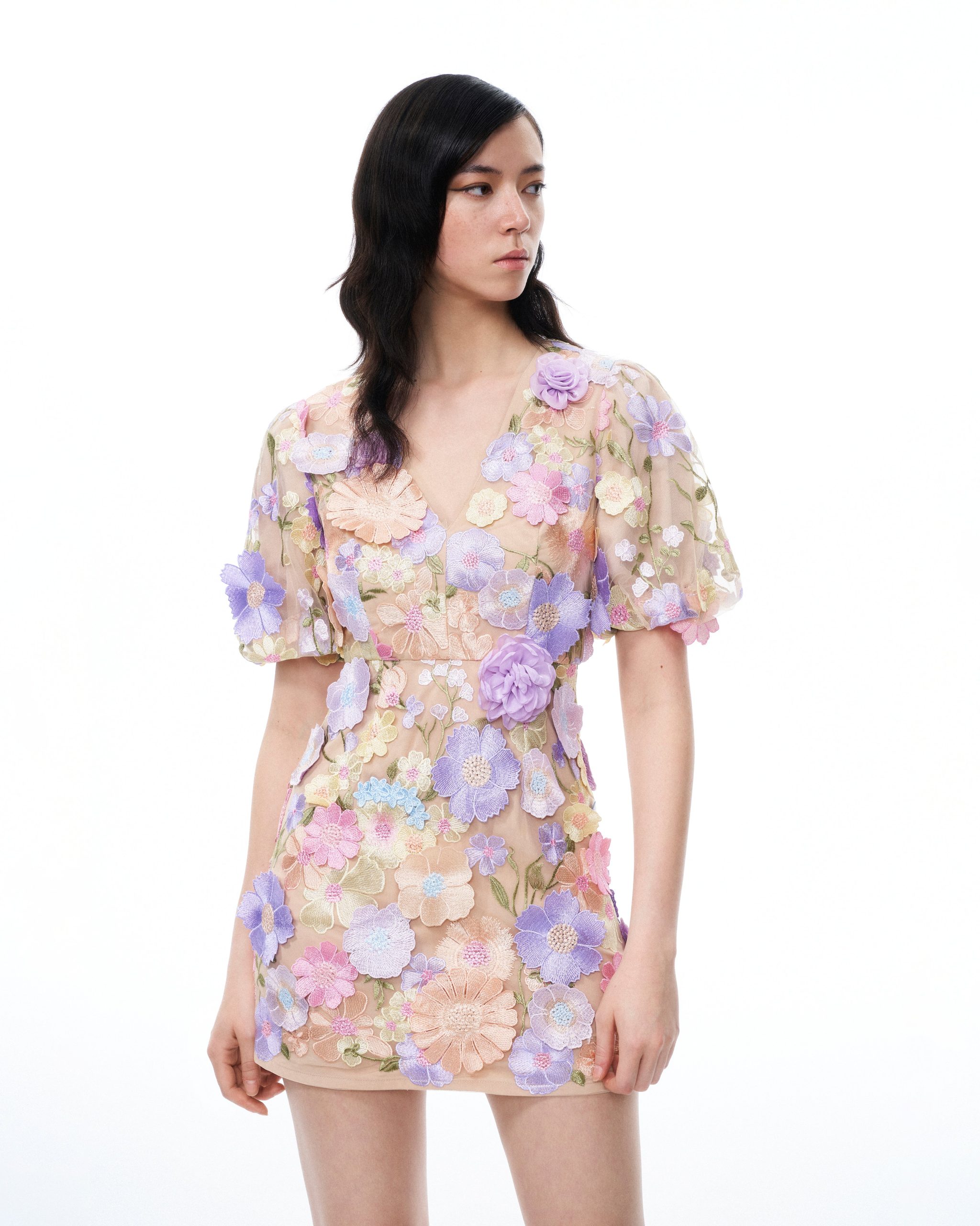 Evangeline 3D V-Neck Floral Embroidered Dress - Pastel Multi - Image 5