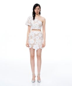 Ophelia One-shoulder Embroidered Iace Dress Suit - White