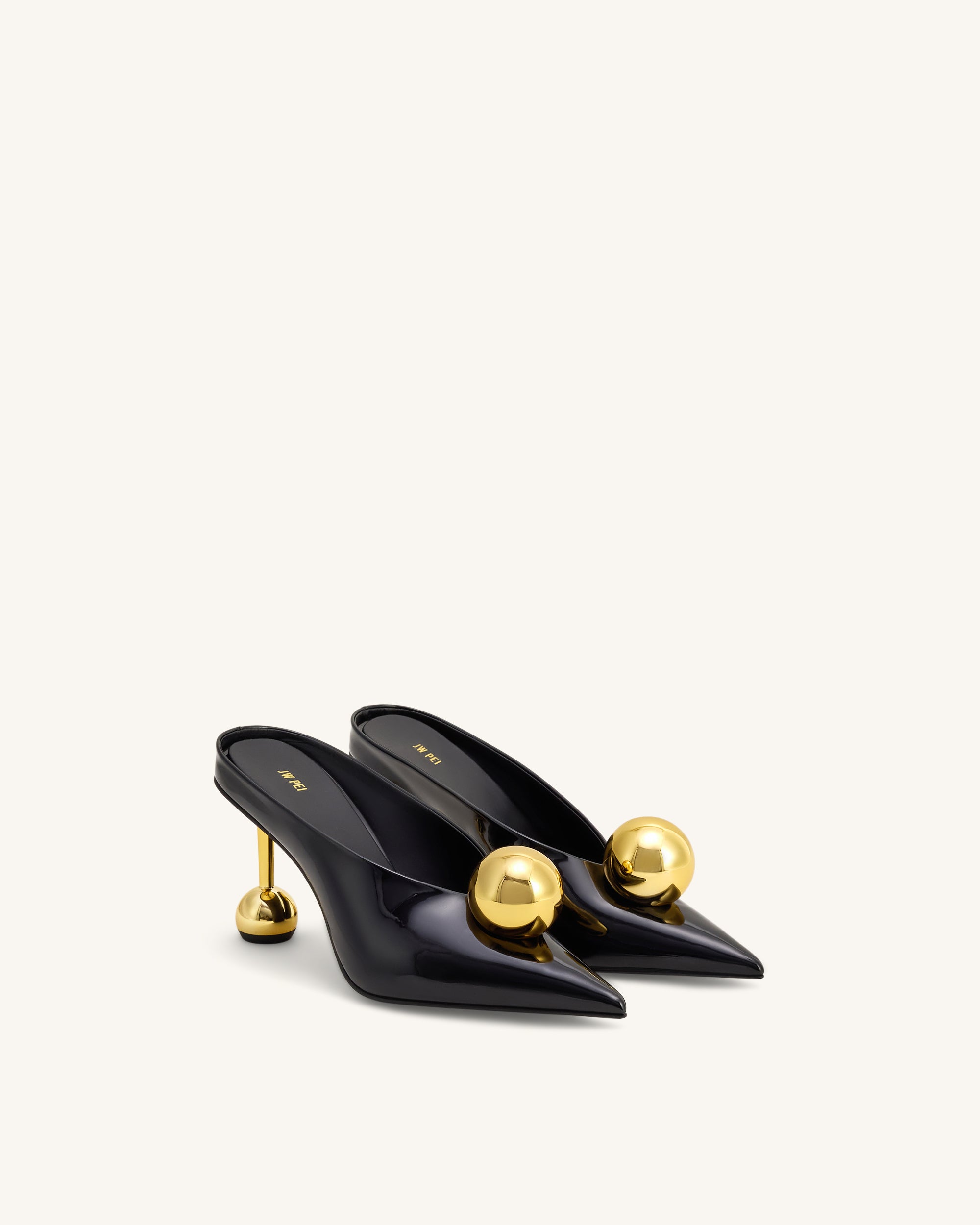 Sofia Angled Vamp Heel Mules - Black & Gold - Image 2