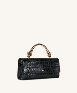 Alternative view of Maya Leopard-Shaped Hardware Handle Top Handle Bag - Black Croc