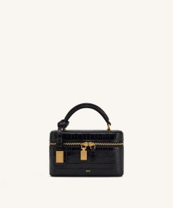 Cleo Box Shape Top Handle Bag - Black Croc