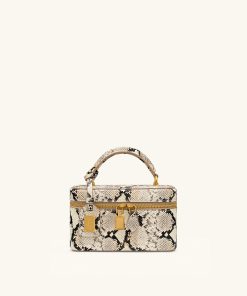 Cleo Snake-Embossed Box Shape Top Handle Bag - Beige