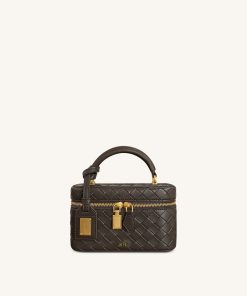 Cleo Woven Texture Box Shape Top Handle Bag - Dark Brown