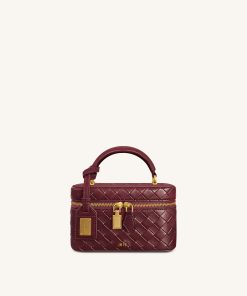 Cleo Woven Texture Box Shape Top Handle Bag - Claret