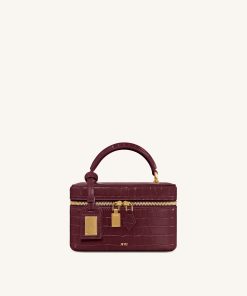 Cleo Box Shape Top Handle Bag - Claret Croc