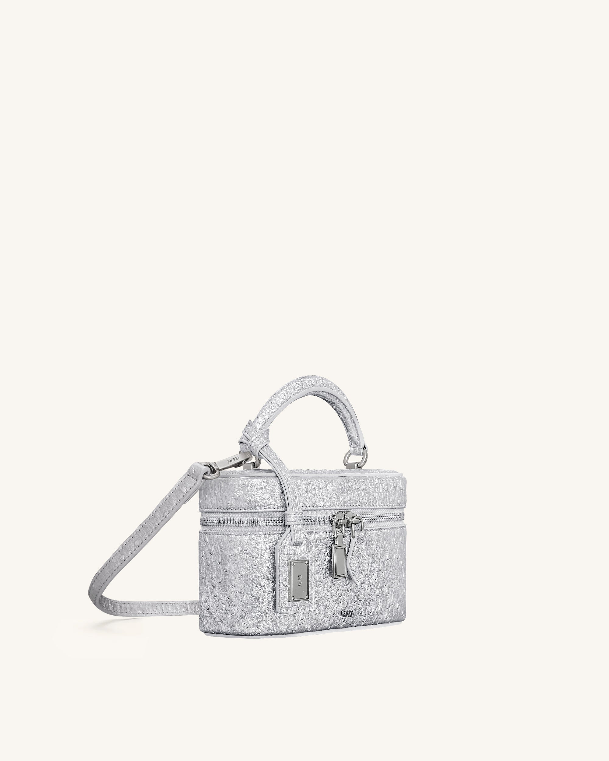Cleo Faux Ostrich Texture Box Shape Top Handle Bag - Silver - Image 2