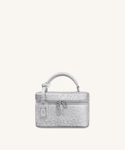 Cleo Faux Ostrich Texture Box Shape Top Handle Bag - Silver