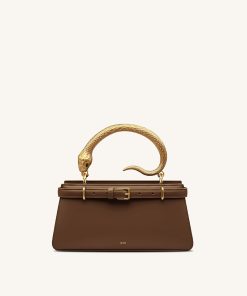 Elena Snake Handle Top Handle Bag - Dark Brown