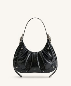 Gabbi Crushed Ruched Hobo Handbag - Black