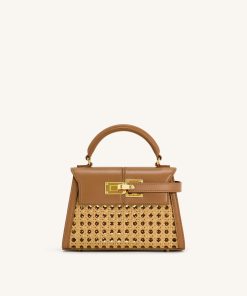 Elise Faux Bamboo Woven Top Handle Bag - Brown