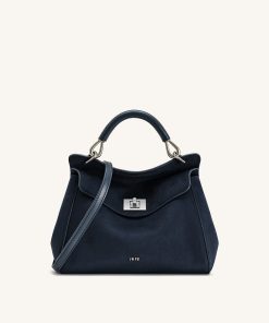 Lucia Classic Faux Suede Top Handle Bag - Navy Blue