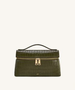 Thea Croc-Embossed Top Handle Bag - Olive Green