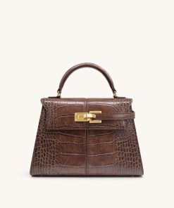 Elise Large Croc-Embossed Top Handle Bag - Chestnut Brown