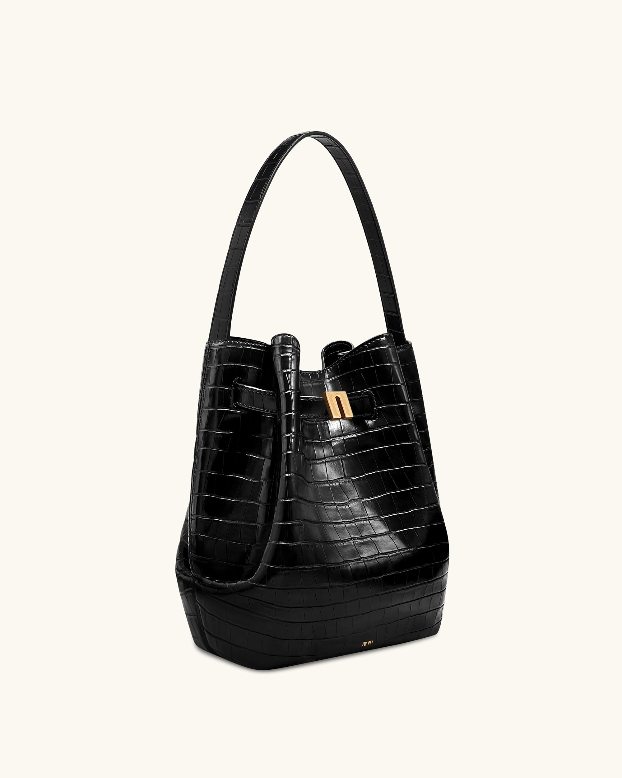 Clara Lock Accent Bucket Shoulder Bag - Black Croc - Image 2
