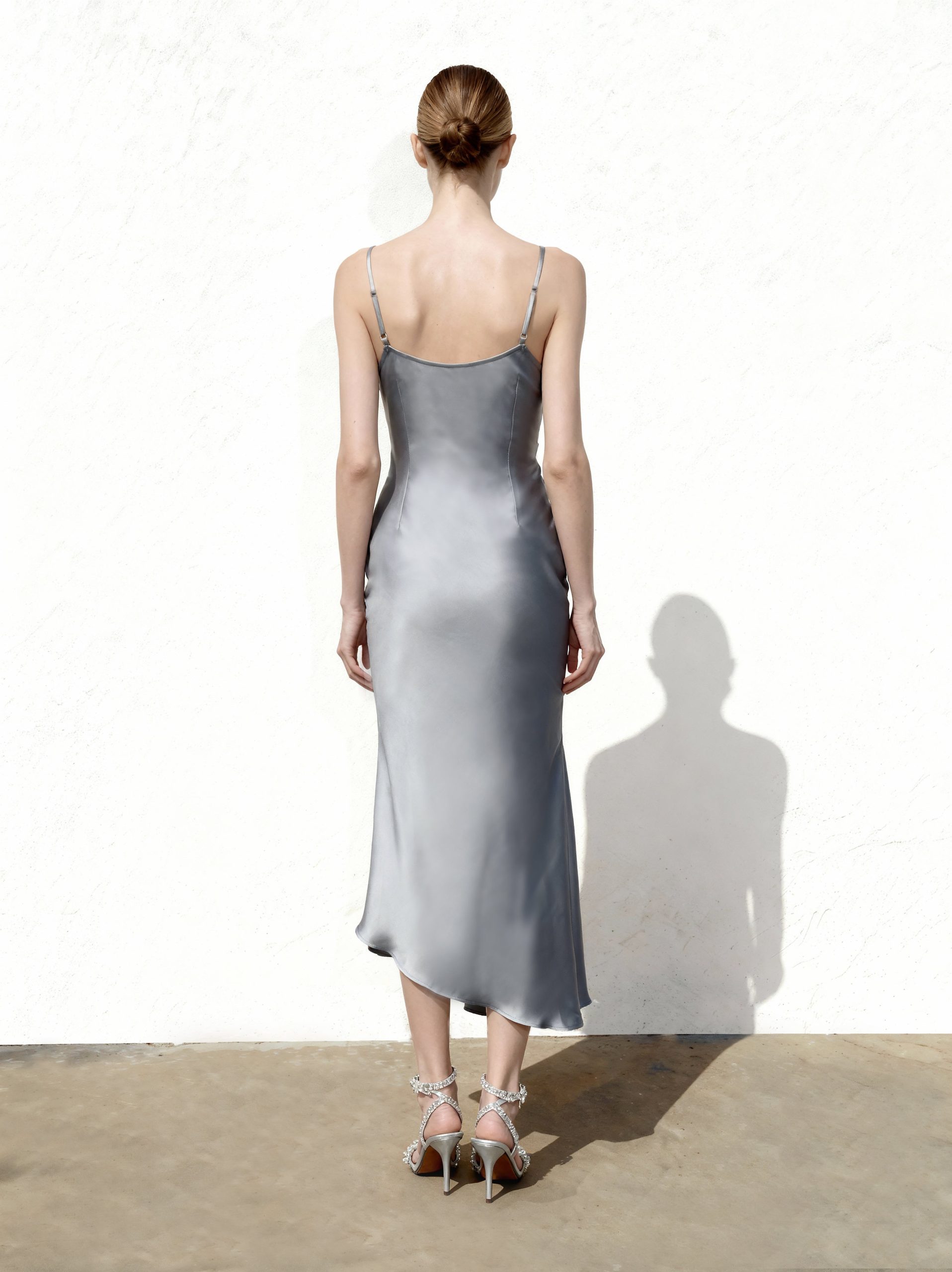 Liquid Satin Cowl-Slit Gown - Silver - Image 2