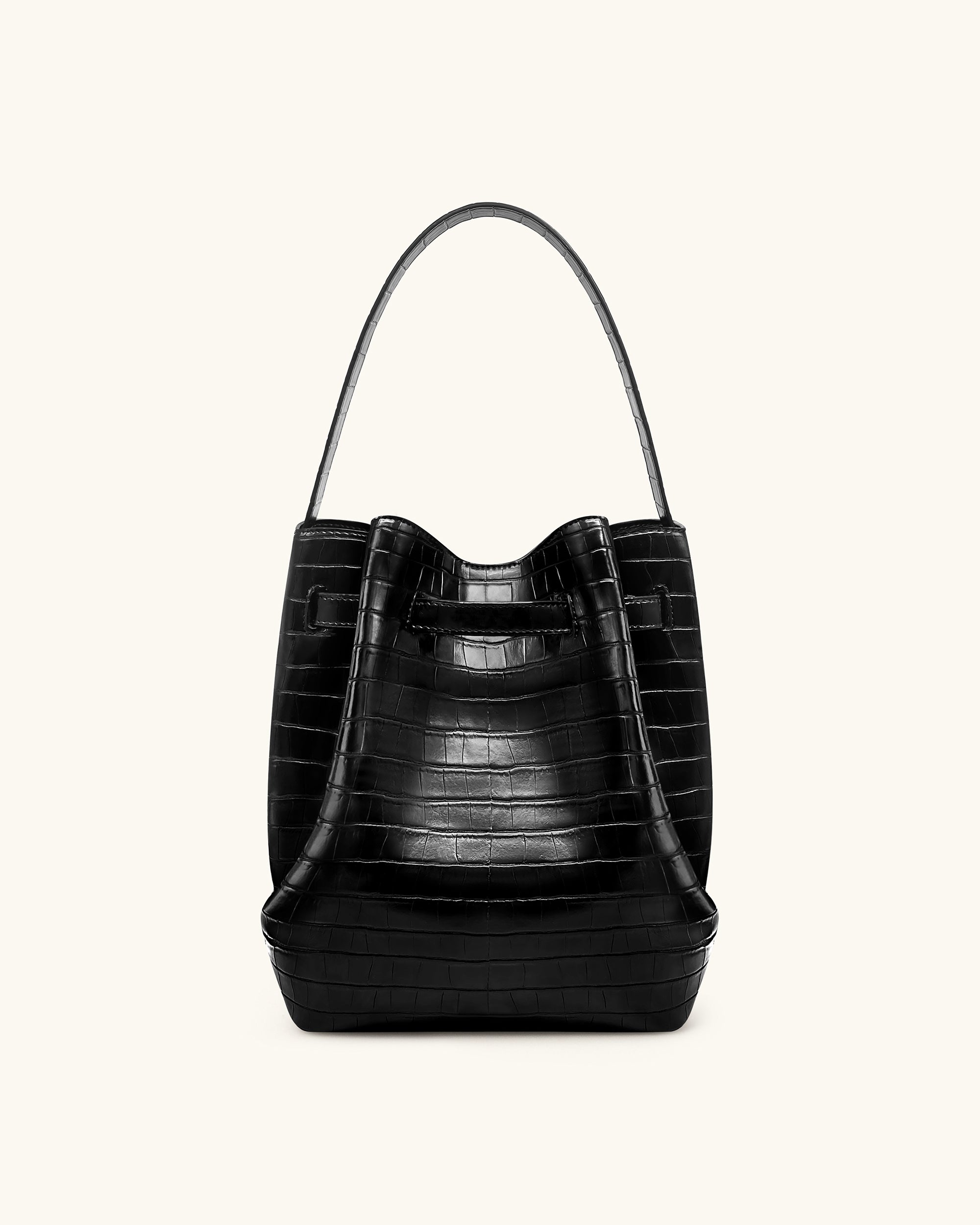 Clara Lock Accent Bucket Shoulder Bag - Black Croc - Image 3