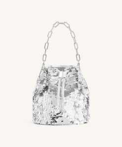 Yulia Metallic Sequin Bucket Bag - Silver
