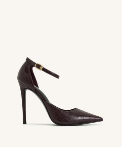 Leah Croc-Embossed Ankle Strap Heels - Burgundy
