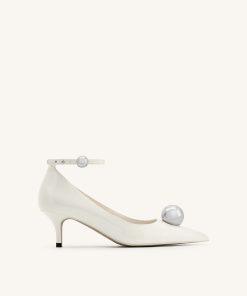 Jewel Buckle Kitten Heels Pumps - White