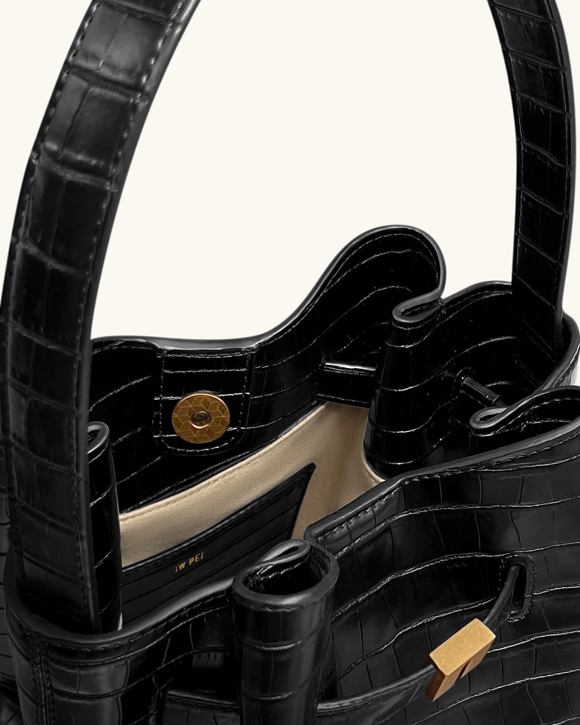 Clara Lock Accent Bucket Shoulder Bag - Black Croc - Image 4