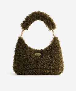 Ruby Faux Fur Fabric Shoulder Bag -Dark Olive