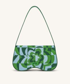 Becci Knitted Shoulder Bag -  Dark Green & Green & Ice