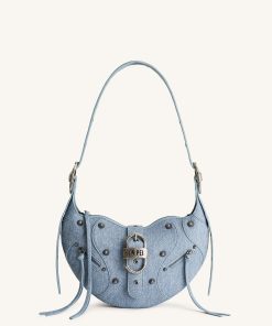 Tessa Denim Embossed Shoulder Bag - Blue
