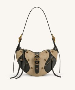 Tessa Faux Suede Studded Shoulder Bag - Khaki Green