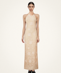 Uliana Pink Beige Floral Lace Halterneck Maxi Dress - Pink Beige