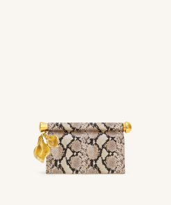 Holly Metal Pendant Embellished Snakeskin Clutch - Apricot