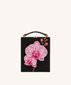 Taya Orchid Motif  Book Shape Clutch Bag - Black