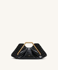 Lila Faux Croc-Effect Metal Frame Clutch - Black
