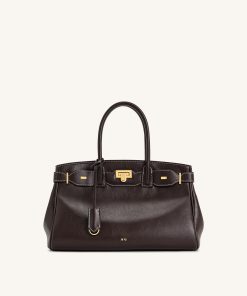 Ziva Metal Lock Decoration Tote Bag - Dark Brown