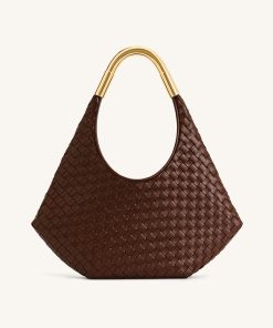 Olivia Hand-Woven Metal Handle Hobo Bag - Brown