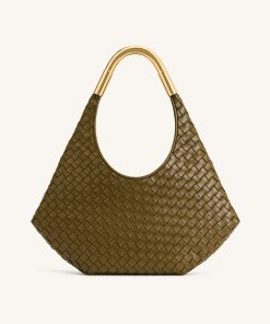 Olivia Hand-Woven Metal Handle Hobo Bag - Olive Green
